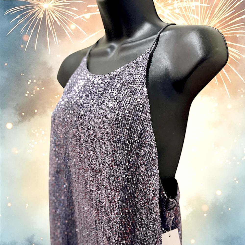 NWT Sexy Halston Sleeveless Silver Sequined Midi Dress